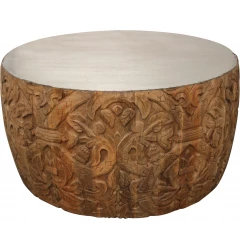 32" White And Natural Iron And Solid Wood Round Coffee Table