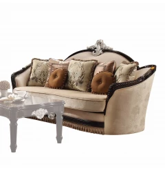 Black fabric upholstered wooden sofa with pillows and armrests for comfortable seating
