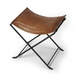 22" Brown Faux Leather And Black Ottoman