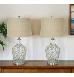 Set of Two 28" Silver Metal Table Lamps With Beige Empire Shade