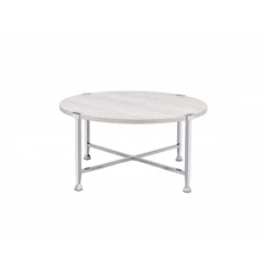 36" Chrome And White Oak Round Coffee Table
