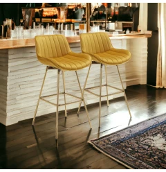 Set of Two 29" Yellow and Gold Velvet and Metal Low Back Bar Height Swivel Bar Chairs