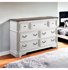 64" Brown and White Solid and Manufactured Wood Seven Drawer Triple Dresser