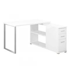 47" White and Silver L Shape Computer Desk With Three Drawers