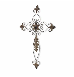 Rustic Burnished Golden Brown Metal Scroll Hanging Wall Cross