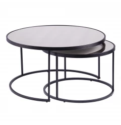 Set of Two Black And Silver Mirrored Round Nested Coffee Table Set