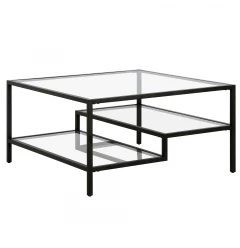 32" Black Glass And Steel Square Coffee Table With Two Shelves