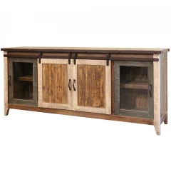 79" Brown Solid Wood Cabinet Enclosed Storage Distressed TV Stand