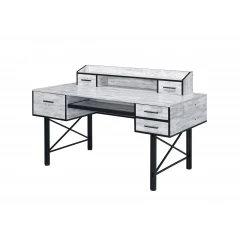 59" Antiqued White and Black Computer Desk With Five Drawers
