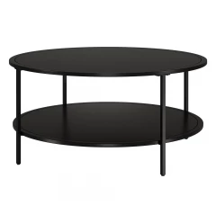 36" Black Glass And Steel Round Coffee Table With Shelf