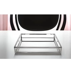 white silver square metal serving tray on black background