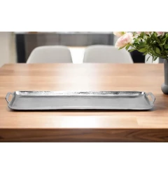 stainless steel indoor outdoor tray handles serveware on table with dishware and plant