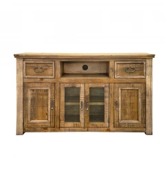 60" Brown Solid Wood Cabinet Enclosed Storage Distressed TV Stand