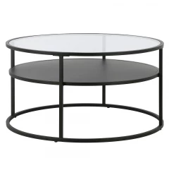 32" Black Glass And Steel Round Coffee Table With Shelf
