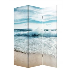 72" Blue and White Canvas Folding Three Panel Screen Room Divider