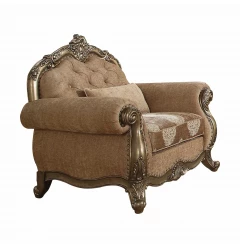 35" Brown and Champagne Linen Damask Tufted Arm Chair and Toss Pillow