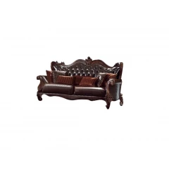 Blossom pink sofa with seven toss pillows and wooden hardwood frame in a cozy outdoor setting