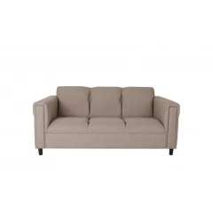 Beige black polyester sofa with comfortable cushions and wooden legs in a studio setting