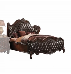 Solid Wood Queen Tufted Dark Brown Upholstered Faux Leather Bed With Nailhead Trim
