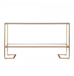 52" Clear and Gold Glass Mirrored Sled Console Table With Shelves