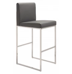 31" Gray And Silver Faux Leather And Steel Low Back Bar Height Bar Chair