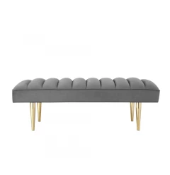 53" Light Gray And Gold Upholstered Velvet Bench