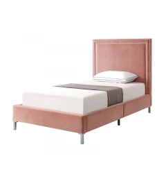 Blush Solid Wood Twin Upholstered Velvet Bed with Nailhead Trim