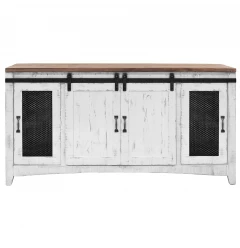 68" White Solid Wood Cabinet Enclosed Storage Distressed TV Stand