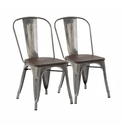 Set Of Two Silver and Brown Wood and Metal Slat Back Dining Chairs