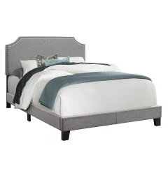 Full Size Grey Linen With Chrome Trim And Solid Wood Black Feet Bed