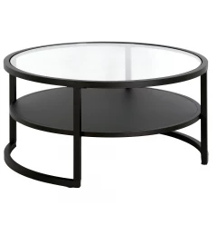 34" Black Glass And Steel Round Coffee Table With Shelf
