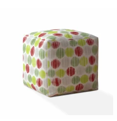 17" Green and White Cotton Polka Dots Pouf Ottoman