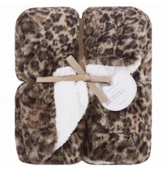 Reversible Leopard Brown Faux Rabbit Fur and Sherpa Throw Blanket