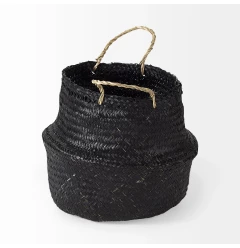 black wicker storage baskets with patterns and fashion accessory elements