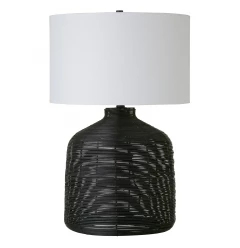 27" Black Rattan Table Lamp With White Drum Shade