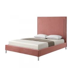 Blush Solid Wood Queen Upholstered Velvet Bed with Nailhead Trim