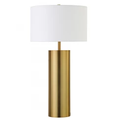 metal table lamp white drum shade with metal base and wooden elements