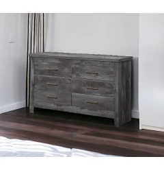 57" Gray Solid and Manufactured Wood Six Drawer Double Dresser