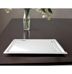 silver stainless steel serving tray with rectangle shape and tableware