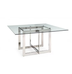 59" Clear And Gunmetal Square Glass And Stainless Steel Pedestal Base Dining Table