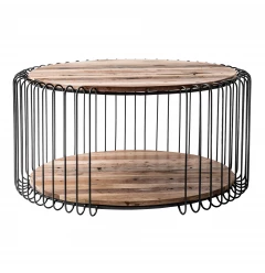 32" Natural And Black Solid Wood And Steel Round Coffee Table With Shelf