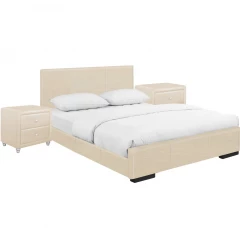 Beige Solid and Manufactured Wood King Upholstered Faux Leather Bed Frame