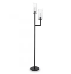 69" Black Two Light Torchiere Floor Lamp With Clear Transparent Glass Drum Shade