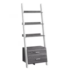 69" Gray and White Wood Ladder Bookcase With Two drawers