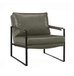 Gray faux leather armchair with wood and metal accents suitable for outdoor use