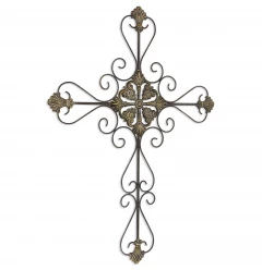 Large Gray Metal Scroll Design Gray Hanging Cross Wall Decor