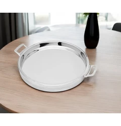 silver round stainless steel tray with handles for tableware and serveware