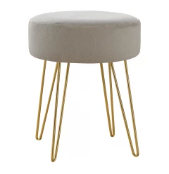 14" Beige Velvet And Gold Round Ottoman