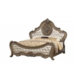 Queen Tufted Bronze Upholstered Faux Leather Bed With Nailhead Trim