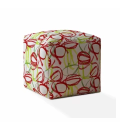 17" Red and White Cotton Abstract Pouf Ottoman